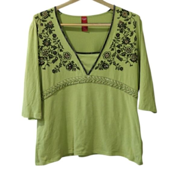 Sigrid Olsen Green Floral Embroidered Blouse 12 Y2K 90s Top - Picture 1 of 15